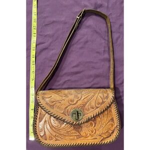 Vintage Brown Tooled Leather Handbag Embossed Floral Motif Turnlock Approx.1960s